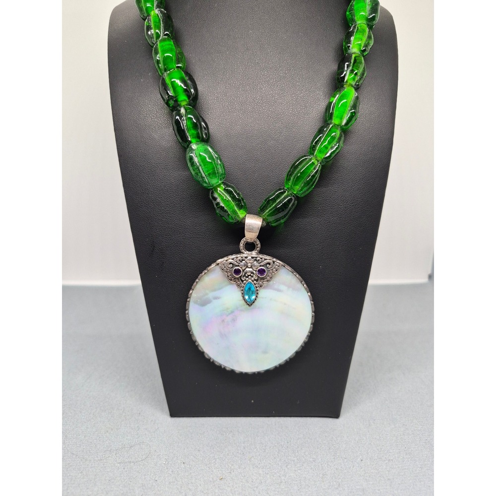 JTV Necklace Woman Green Glass Mother of Pearl Sterling Silver Quartz Statement - Picture 9 of 16